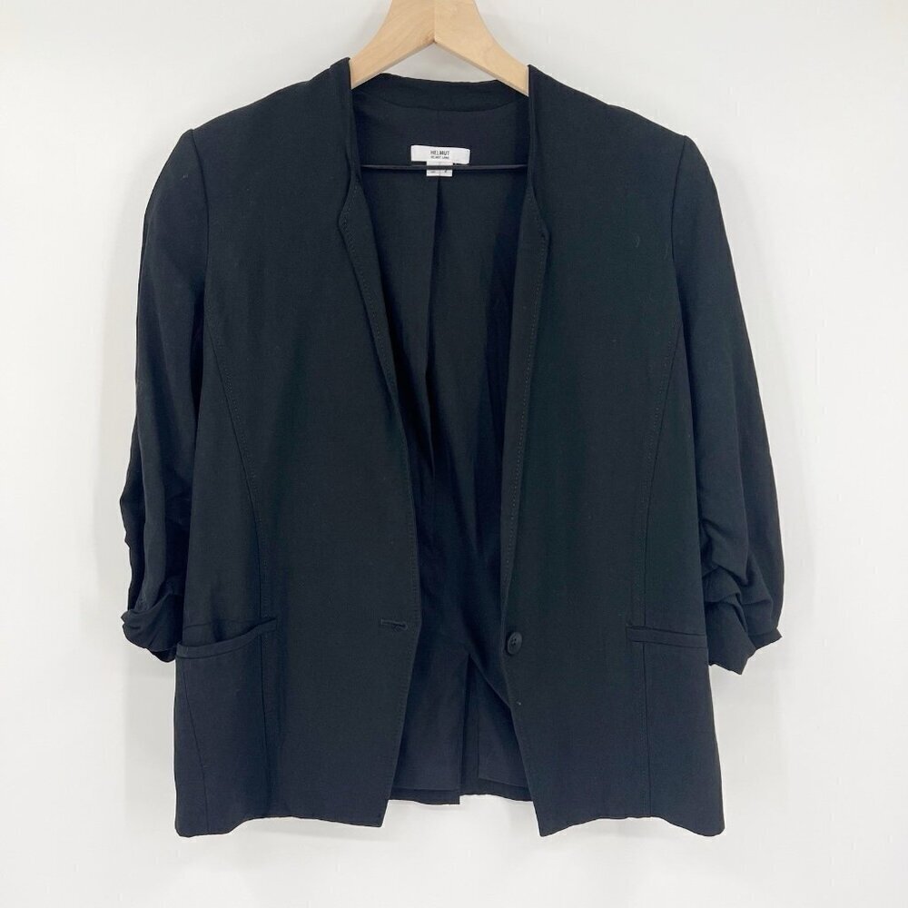 Helmut Lang Black Single Button  3/4 Ruched Sleeve Blazer Size 2 Office Career